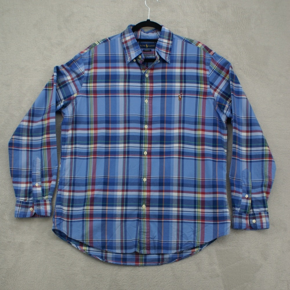 Ralph Lauren Shirt Mens L Classic Fit Blue Plaid Oxford Button Down Flesh Pony